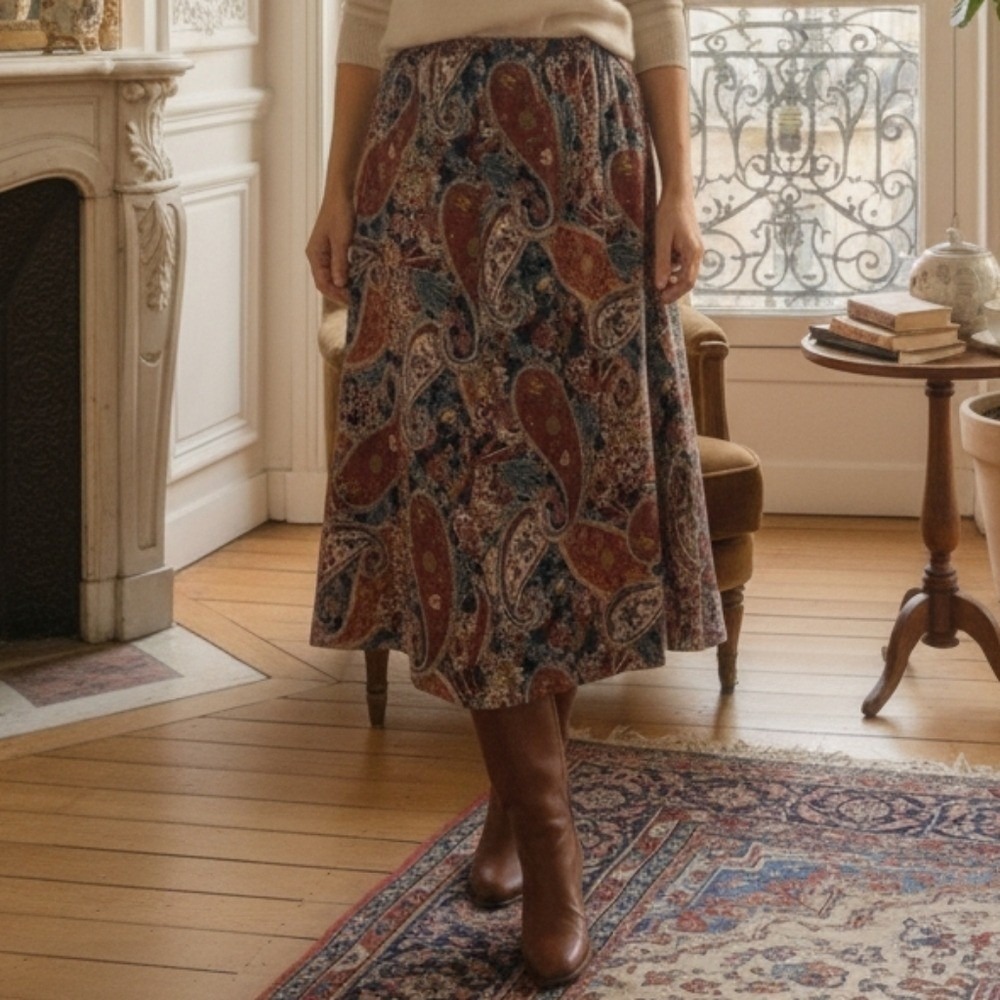 Vintage 90s Paisley Midi Skirt‎ Boho Goblin Earthy Eclectic Hippie Petite Medium